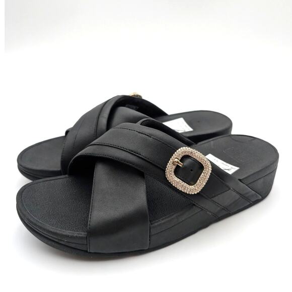 FitFlop LULU Crystal Buckle Leather Cross Slides Sandals Black Size US9 EU41 - Picture 1 of 15